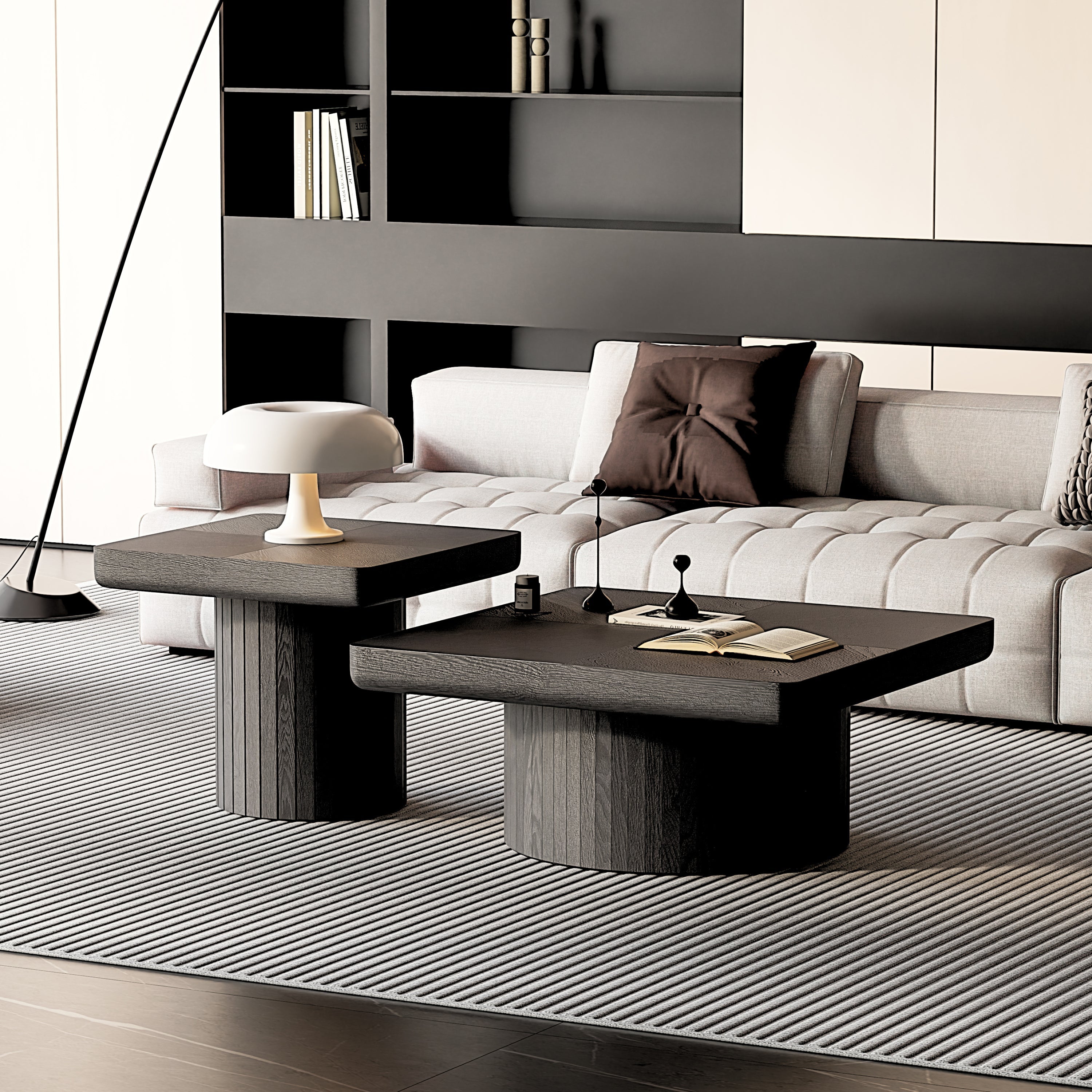 2-Piece Wood Nesting Coffee Tables, Fluted Pedestal, Living Room, Black