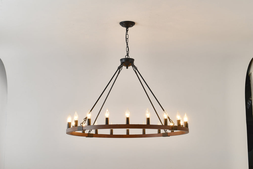 Chandelier Wood Wagon Wheel 20-Light Farmhouse Matte Black 39.3 In