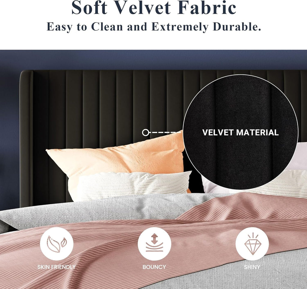 Queen Size Velvet Bed Frame With Wingback Headboard Storage