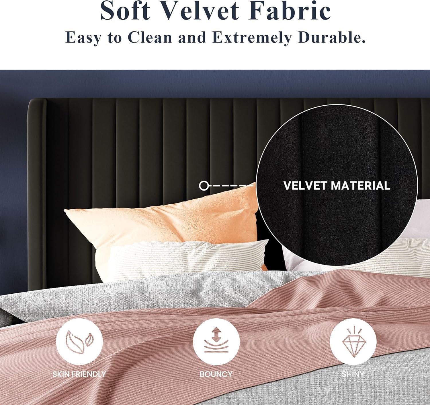 Queen Size Velvet Bed Frame With Wingback Headboard Storage