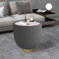 Round Sintered Stone Sofa End Table, Leather Edge, Metal Base, Living Room