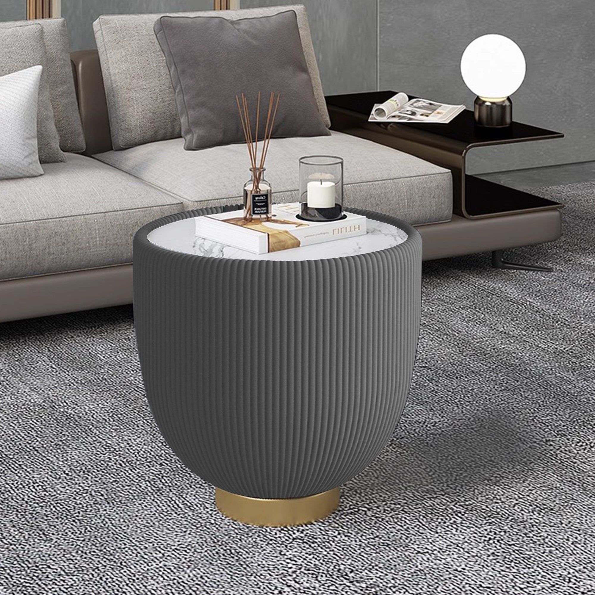 Round Sintered Stone Sofa End Table, Leather Edge, Metal Base, Living Room