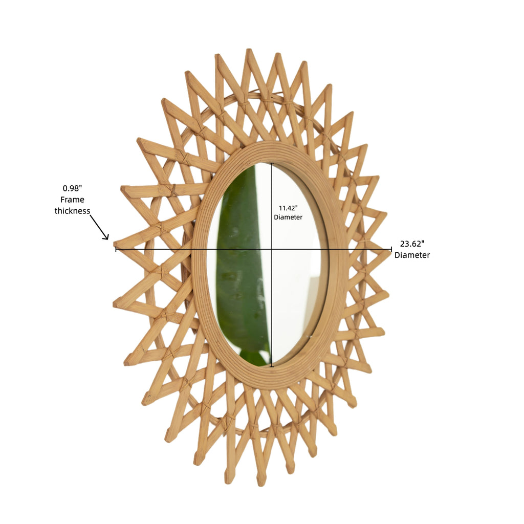Wall Mounted Circle Mirror Boho Bamboo Natural 24x24 Inch Bedroom