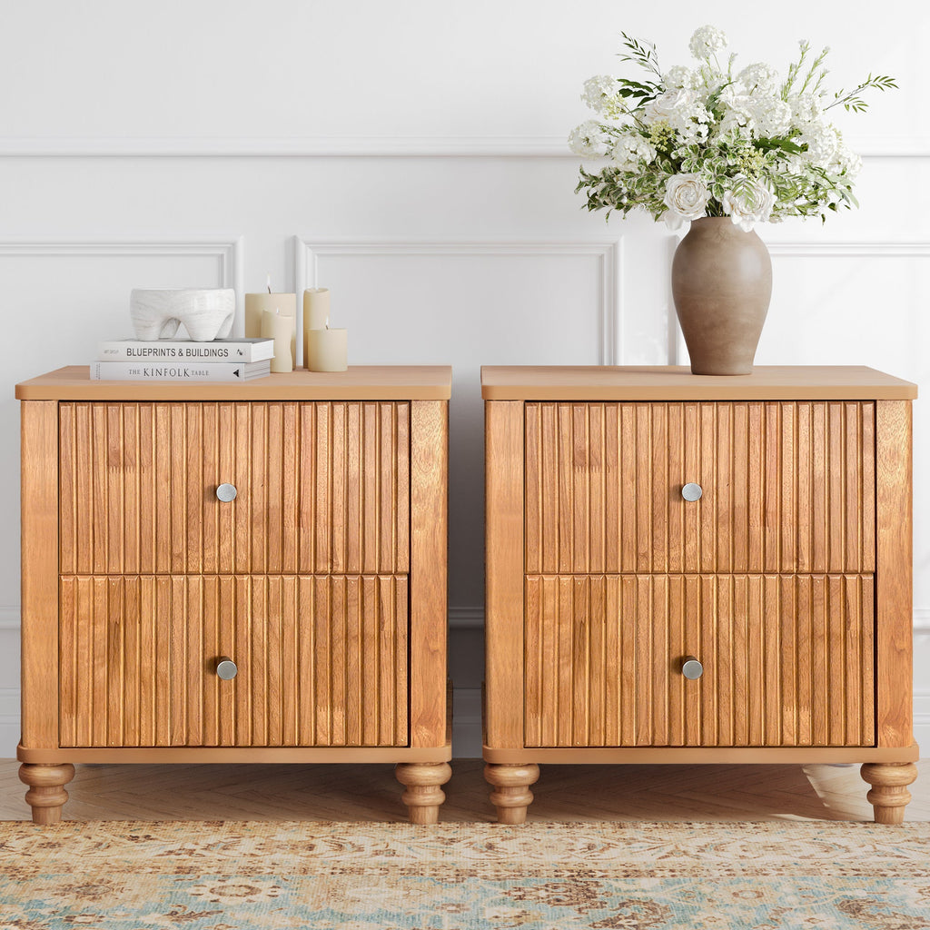 Mid Century Fluted Nightstand with 3 Drawers, 21.65 in Wide, Natural, 2-Piece
