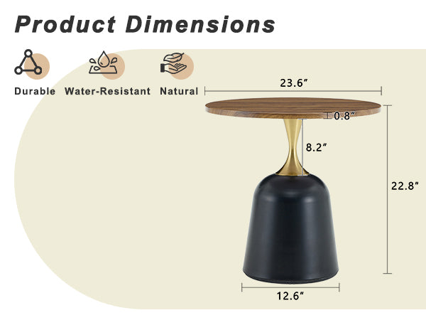 23.6 in Round Side Table, Metal Base, Walnut Wood Grain, Living Room Office