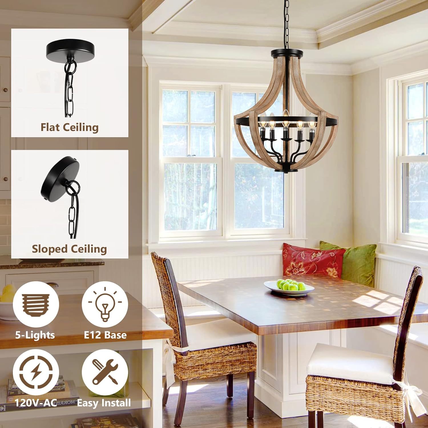 Chandelier Farmhouse 5-Light Solid Wood Adjustable Brown Dining Kitchen