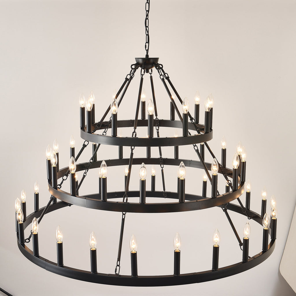 Chandelier Wagon Wheel 3-Tier 36-Light Black Metal 39.37 In Industrial