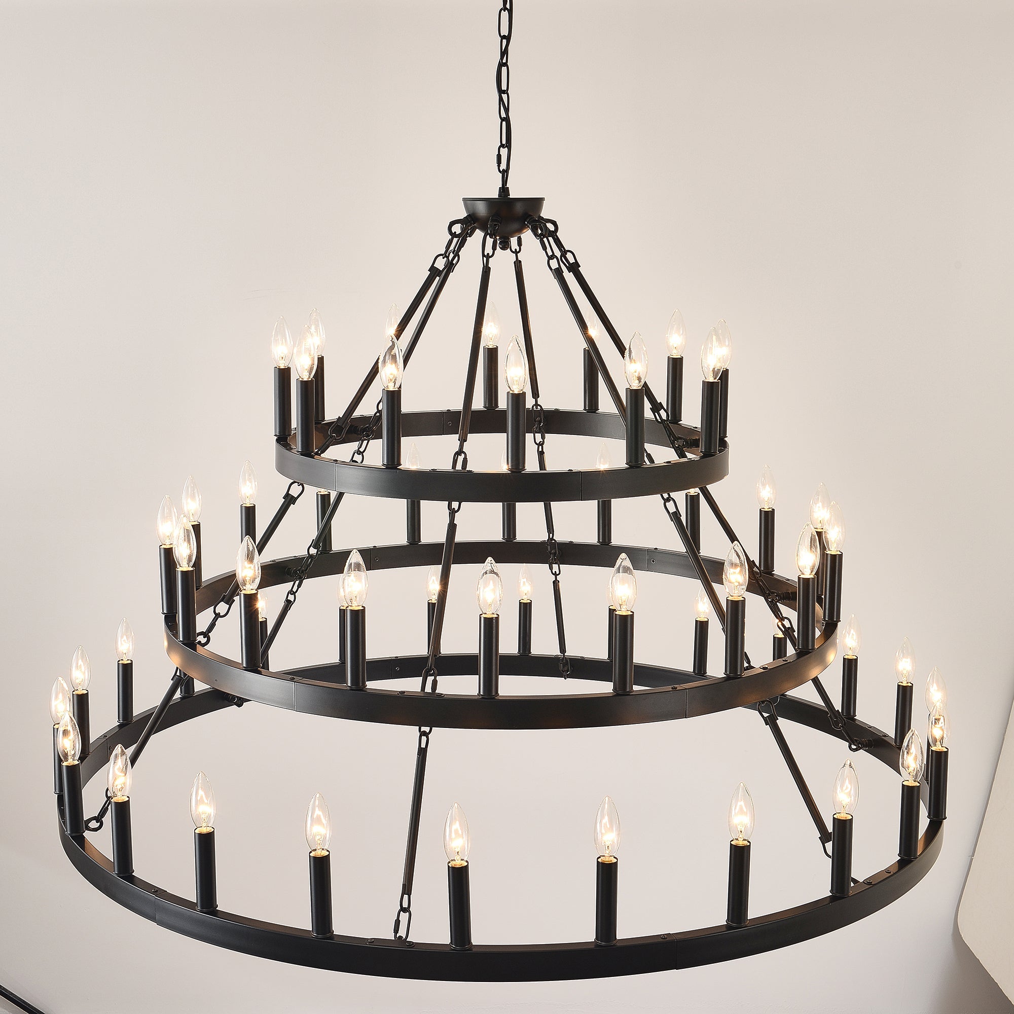 Chandelier Wagon Wheel 3-Tier 36-Light Black Metal 39.37 In Industrial