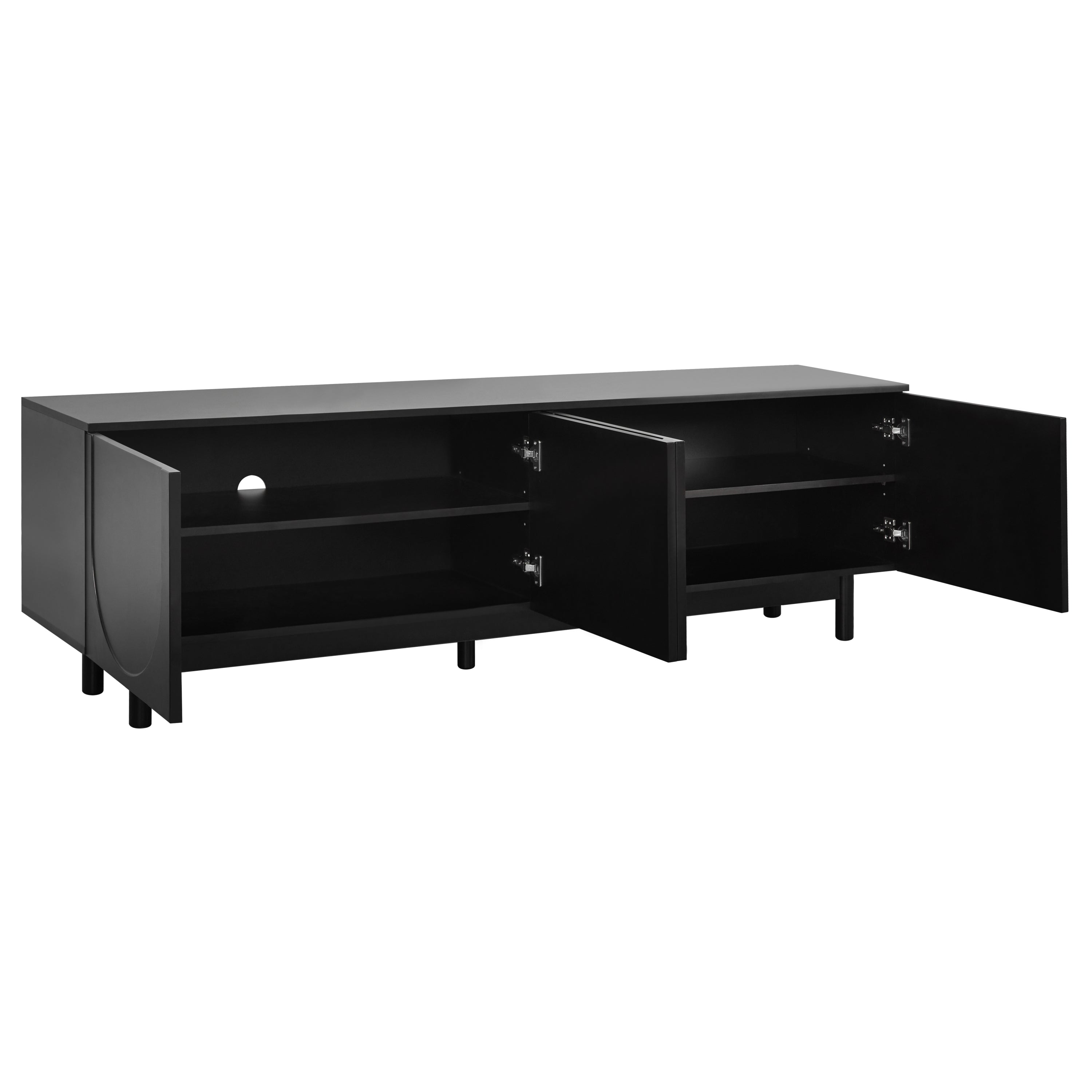 TV Stand Minimalist Black Particle Board Arch Doors Wood Legs Fits 78 In TV