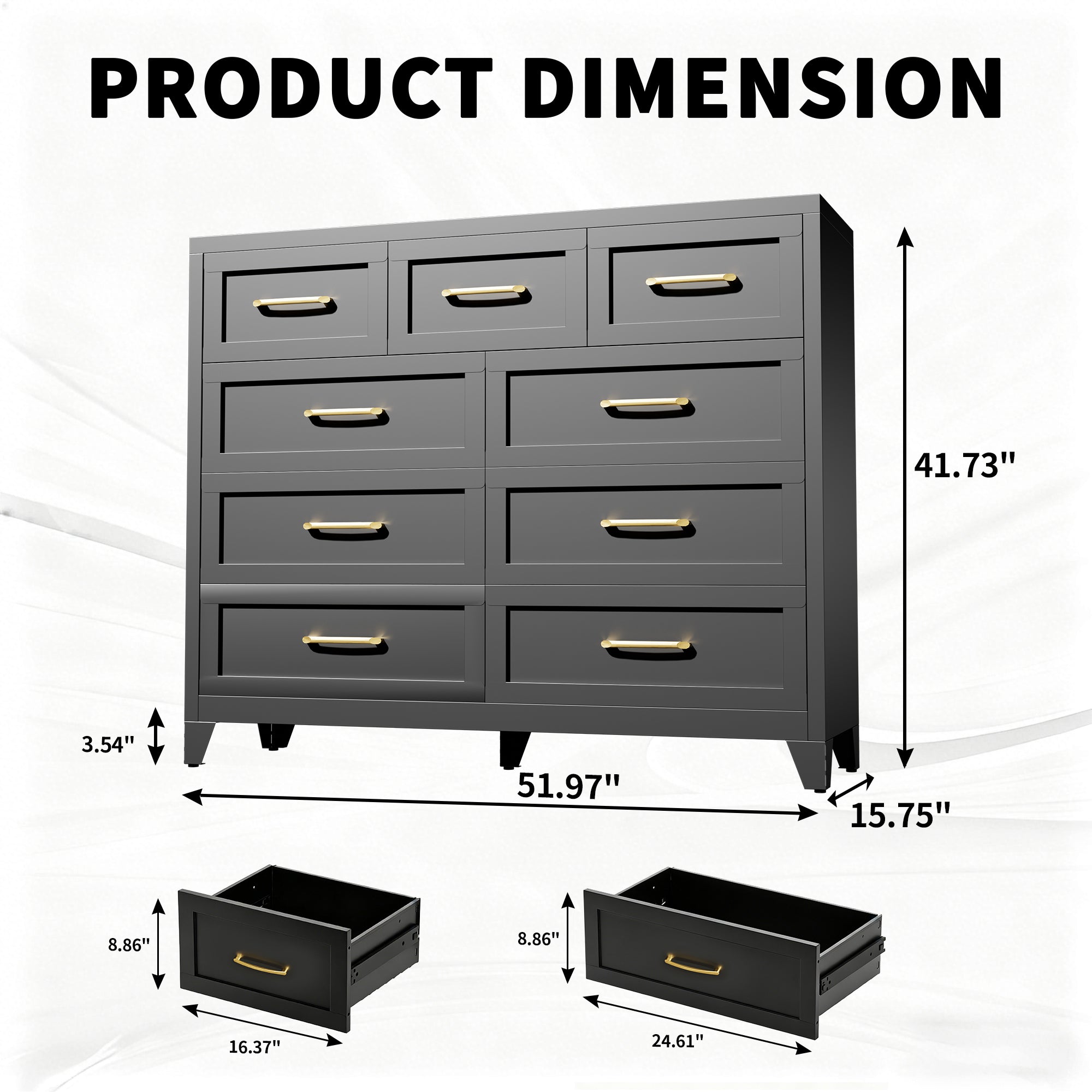 Dresser Tall 9-Drawer Black Steel Smooth-Glide 47.3x15.8x39 In