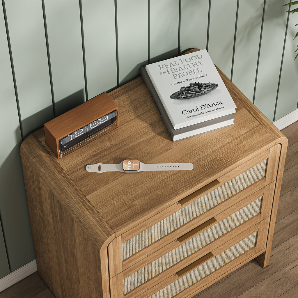 Rattan Nightstand with 3 Drawers, 22.8 in Wide, Curved Wood, Caramel Oak