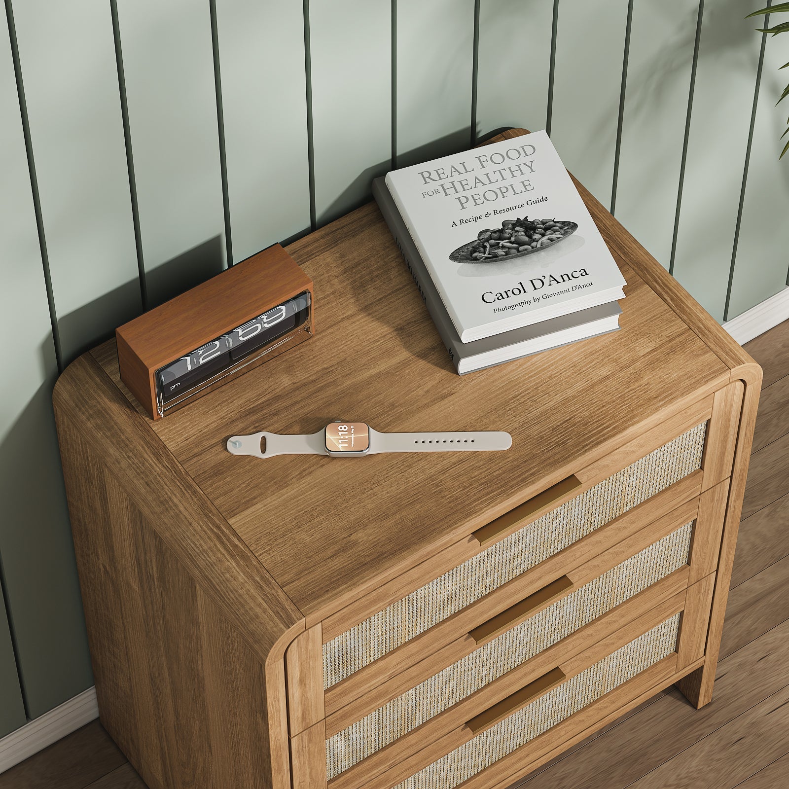 Rattan Nightstand with 3 Drawers, 22.8 in Wide, Curved Wood, Caramel Oak