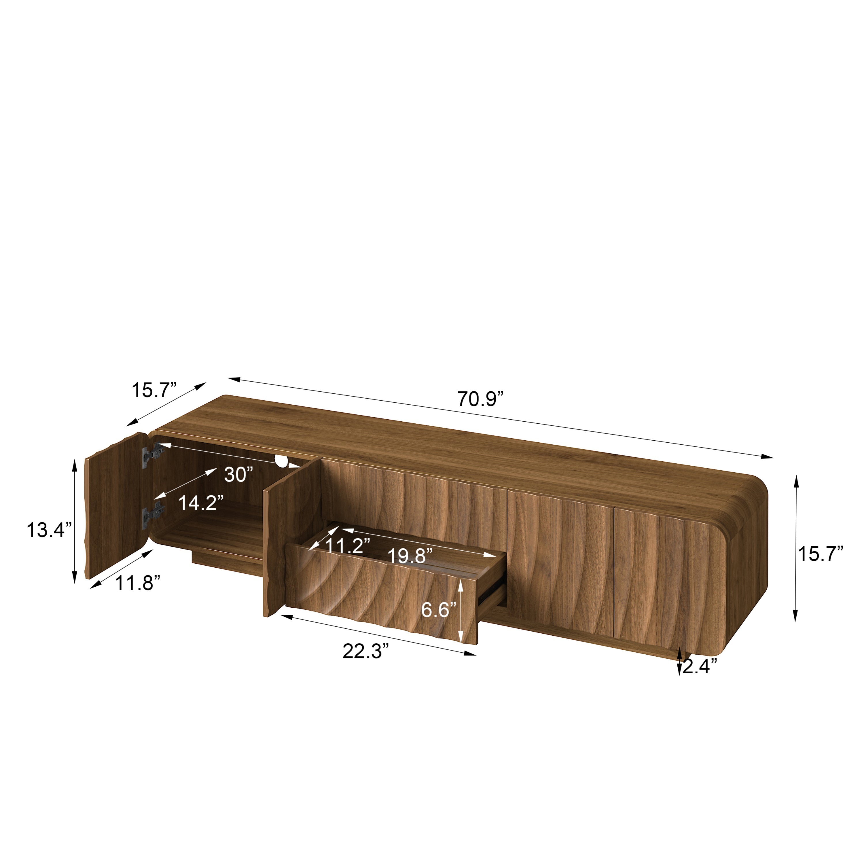 TV Stand Mid-Century Spiral Wave Walnut MDF Floating Base Fits 85 In TV