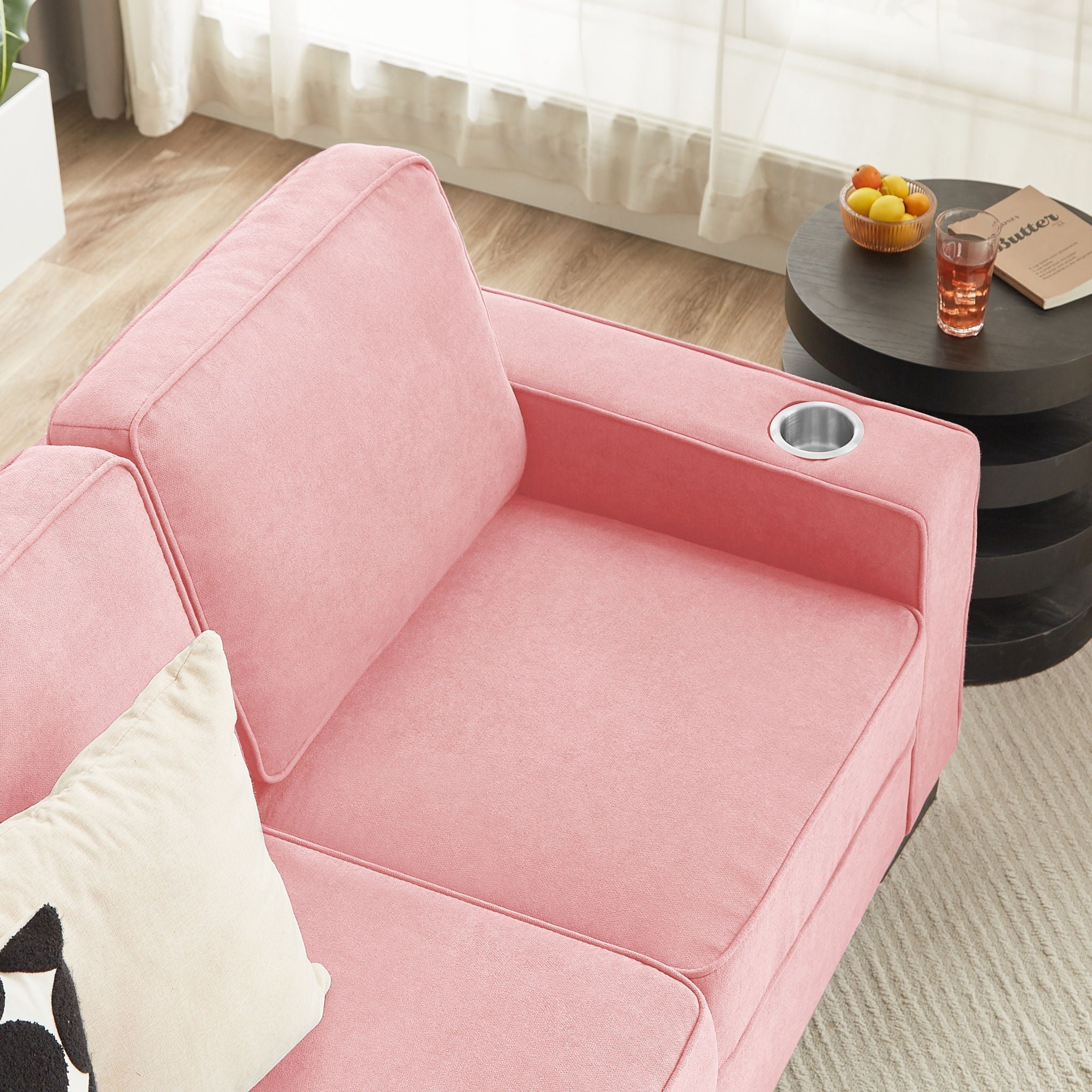 Modern Snowfleece Fabric 3 Seater Sofa With Cup Holder