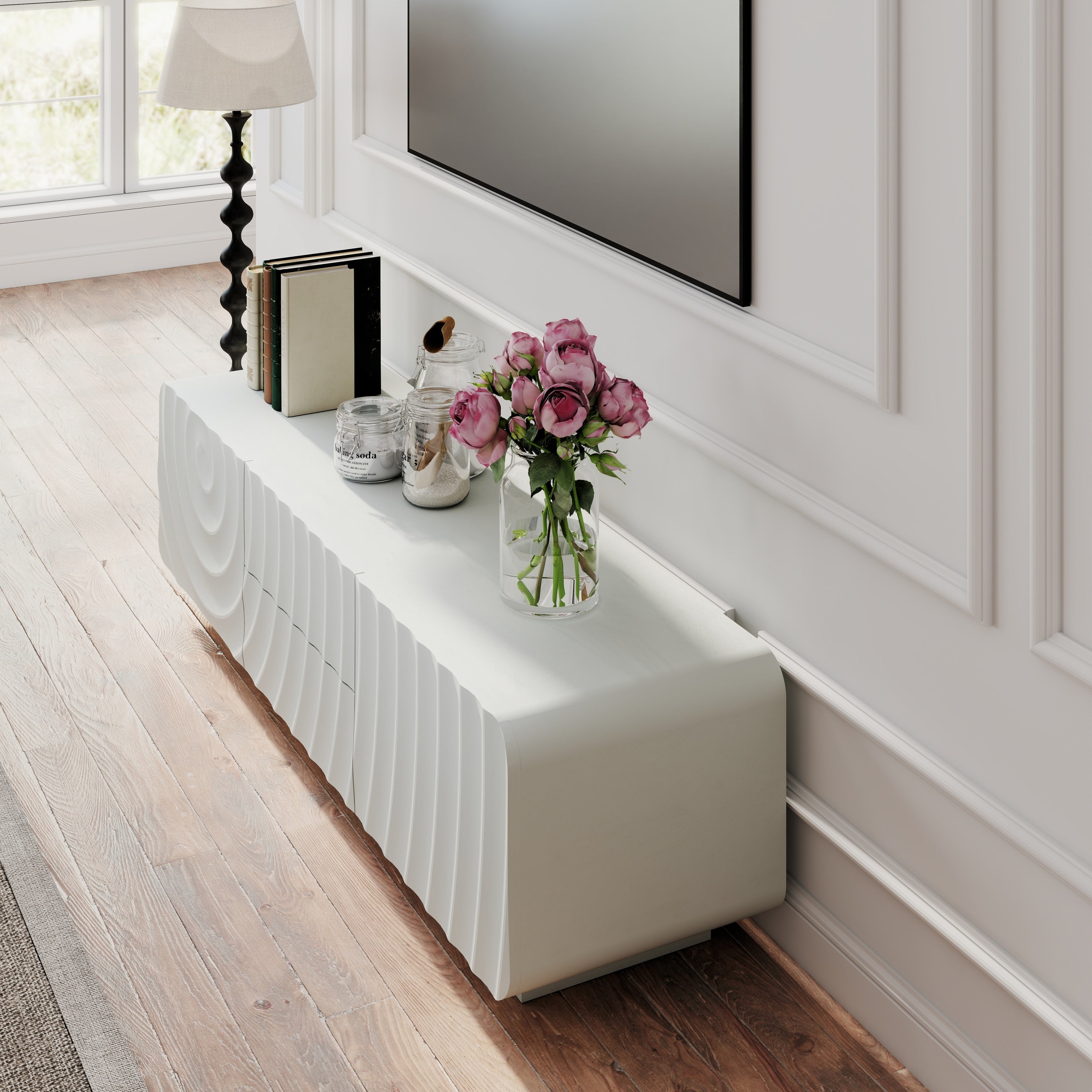 TV Stand Spiral Wave White MDF Floating Base Fits 60 In TV 58.3 In