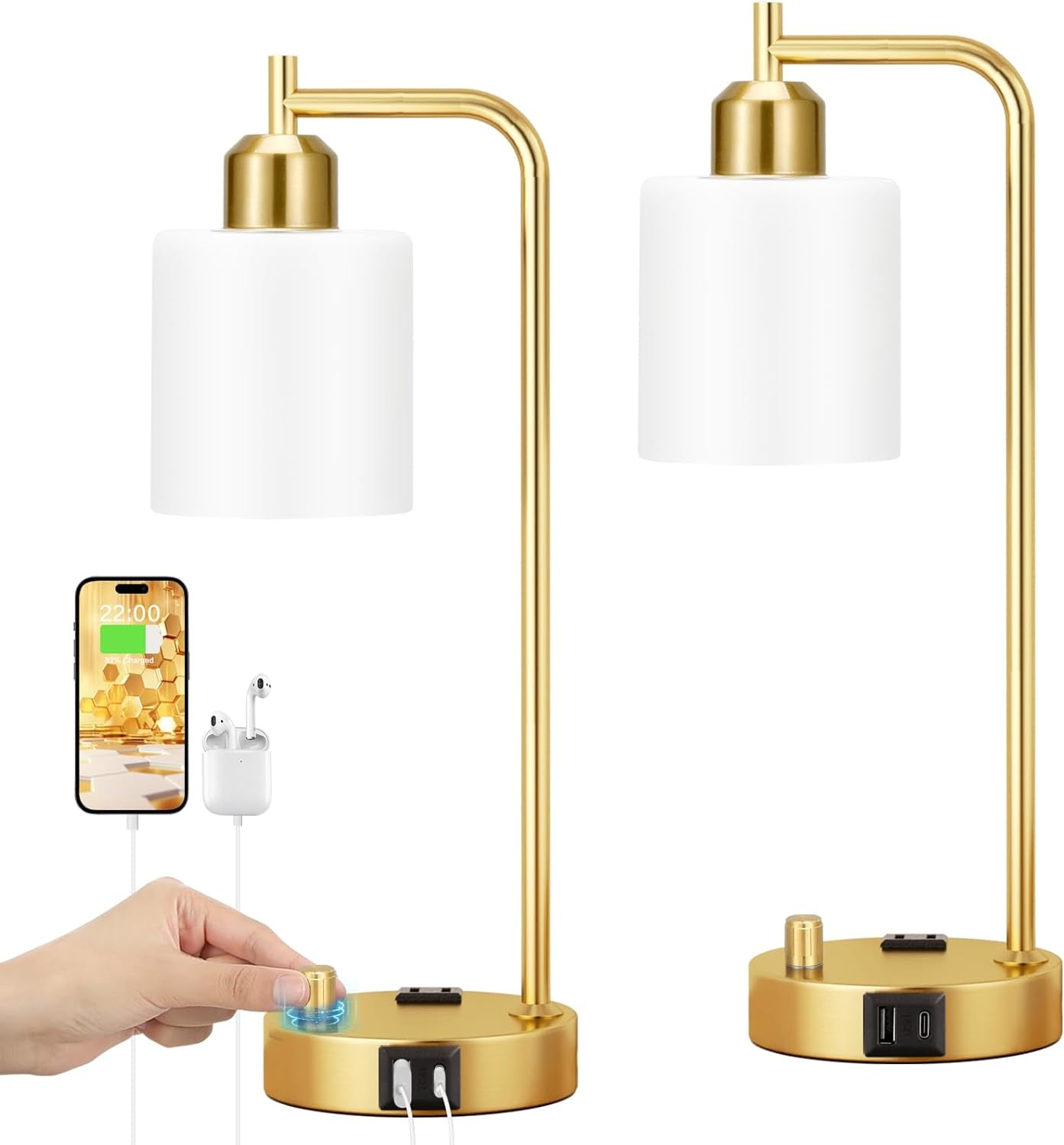 Industrial Table Lamps With USB Ports Dimmable Gold Shade