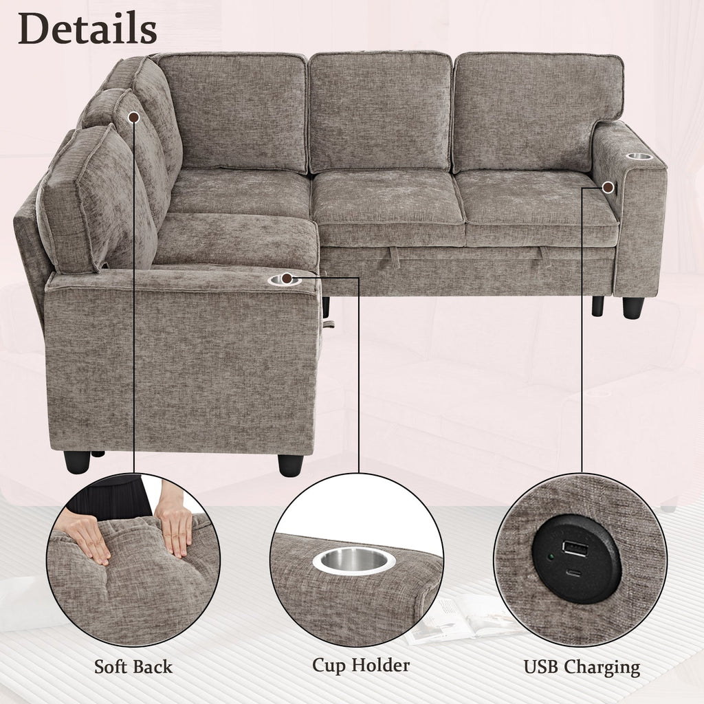 Sectional Sofa L-Shape Chenille Brown 5 Seat USB Ports Pull-Out 81 In