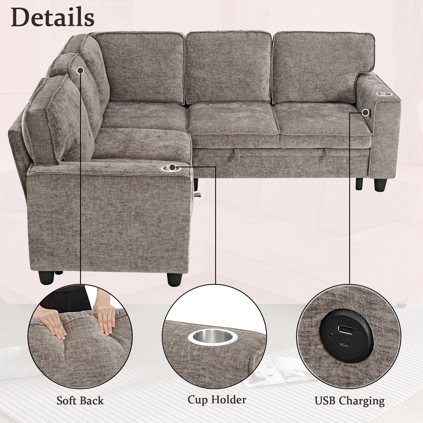 Sectional Sofa L-Shape Chenille Brown 5 Seat USB Ports Pull-Out 81 In