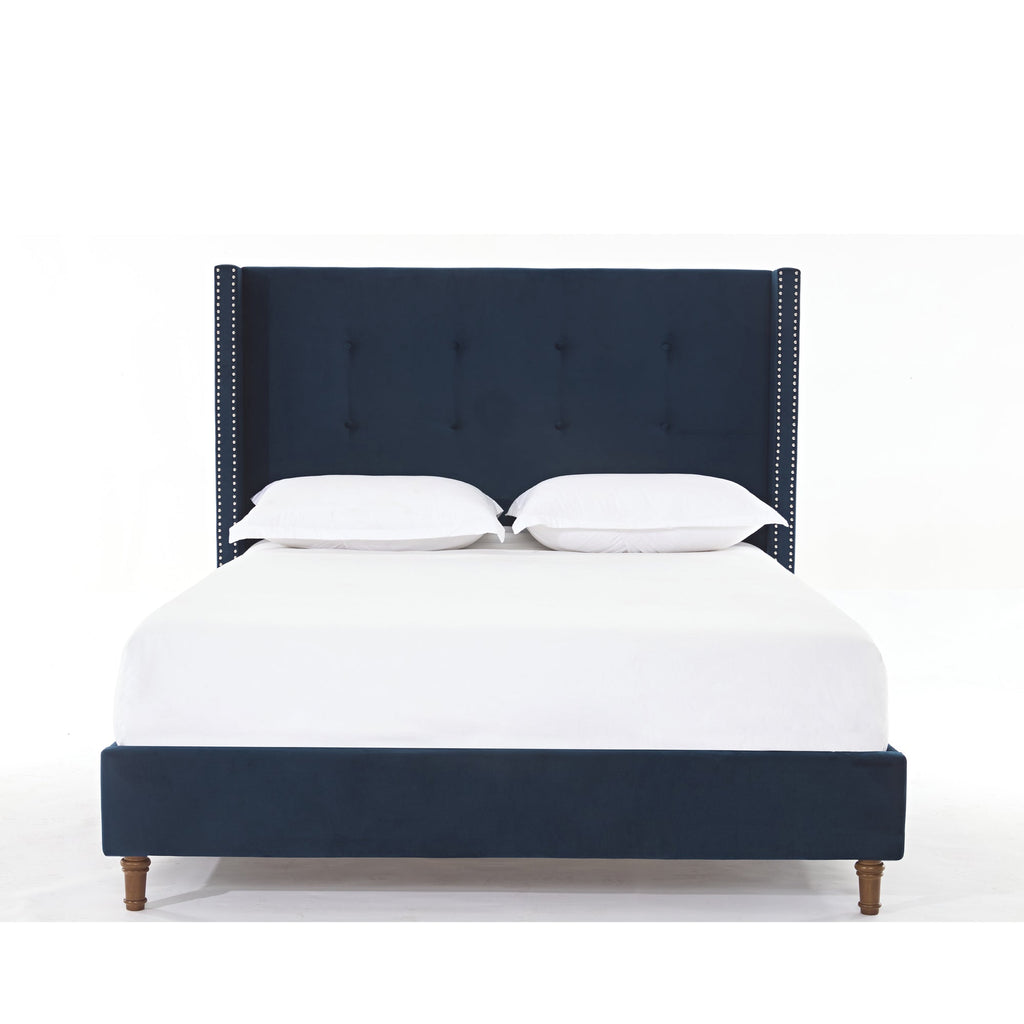 Peyton Upholstered Queen Bed with 54' High Headboard and Traditional Buttoned Tufting in Blue Velvet