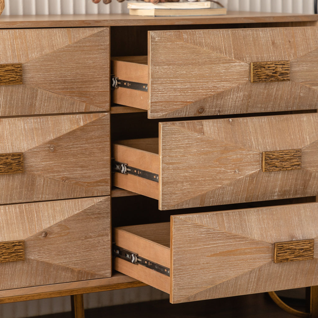 Chest Modern 6-Drawer Natural Wood Geometric Diamond Gold Legs 47.24 In