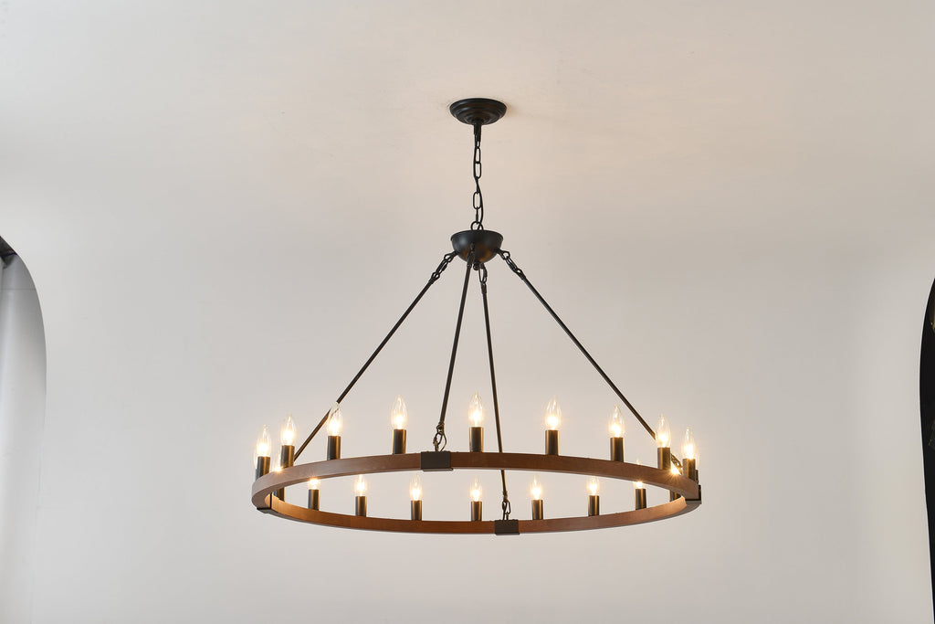 Chandelier Wood Wagon Wheel 20-Light Farmhouse Matte Black 39.3 In
