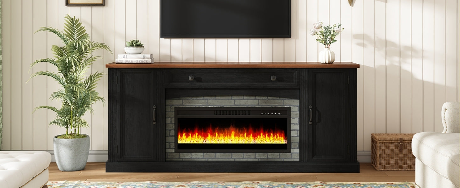 TV Stand Fireplace Black MDF Walnut Top Gray Brick 1400W Fits 70 In TV 66.9 In