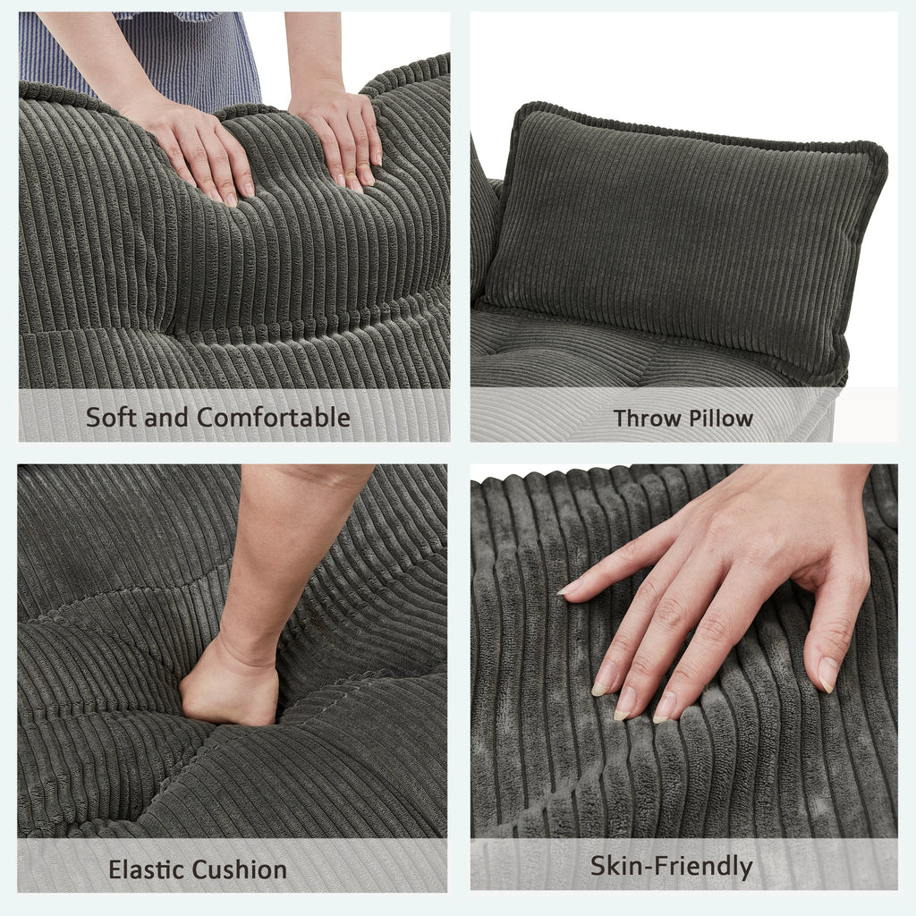 Sectional Sofa L-Shaped Corduroy with Ottoman and USB Ports, 4-seater, Grey