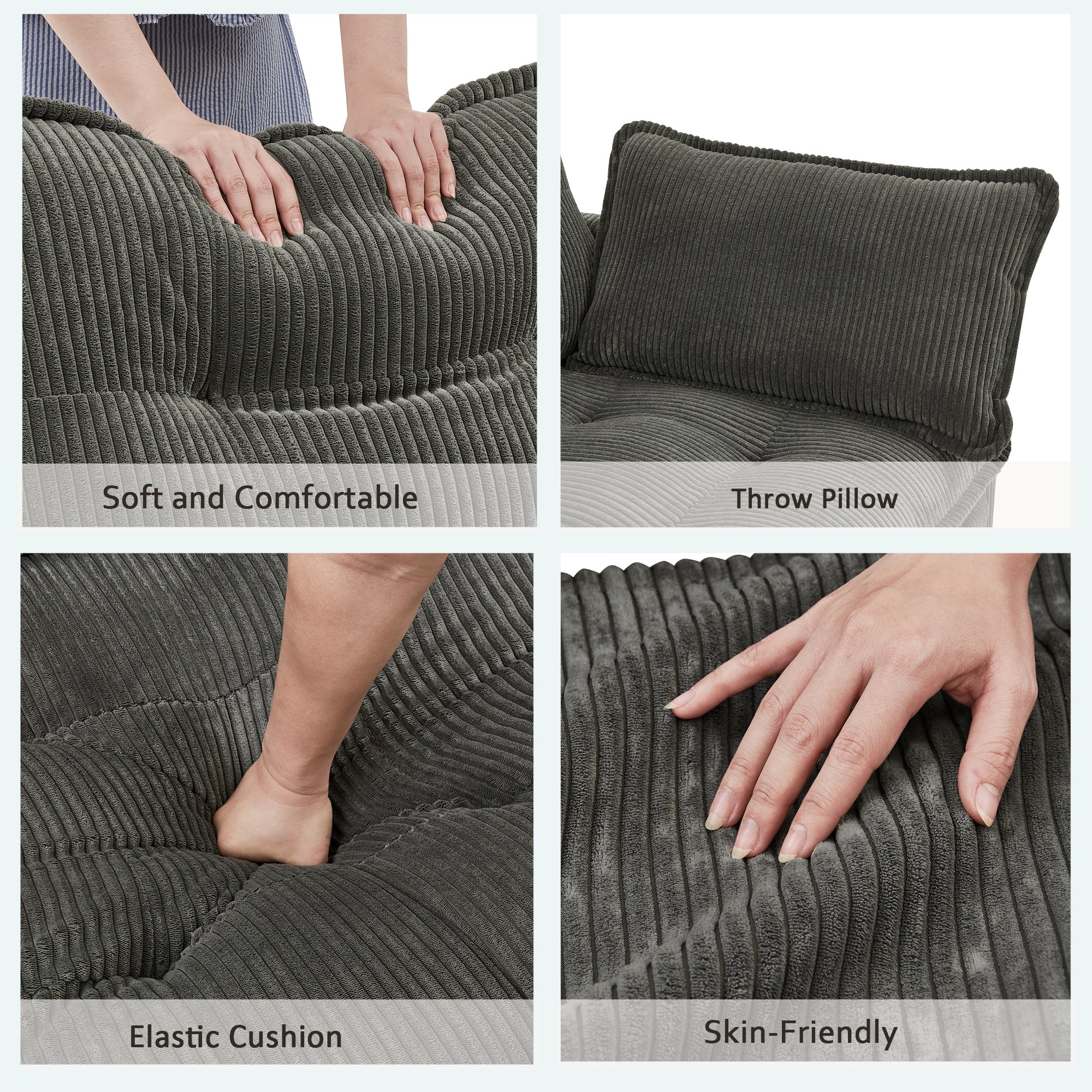 Sectional Sofa L-Shaped Corduroy with Ottoman and USB Ports, 4-seater, Grey