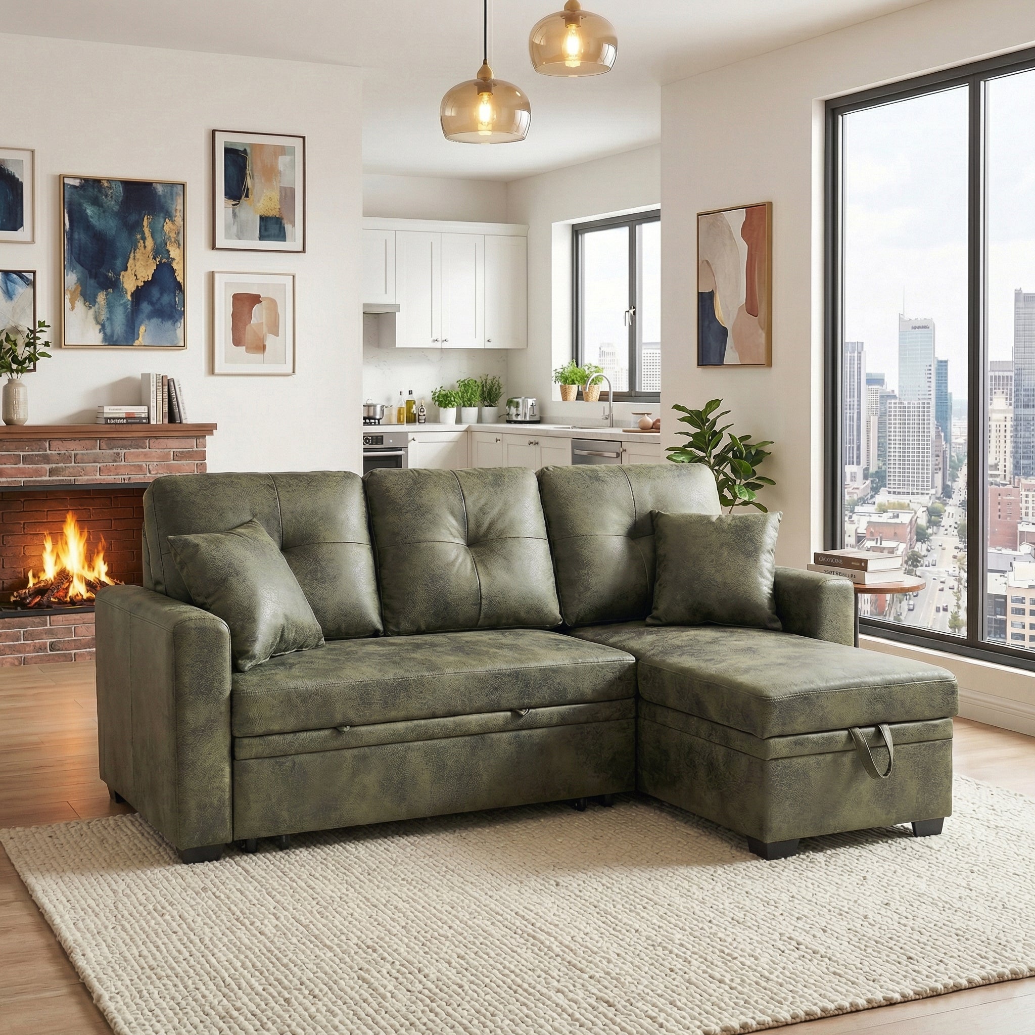 Sectional Sofa l Shaped Olive Green Fabric Sleeper with Small Space Solution