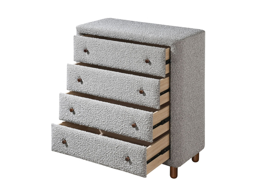 Chest of Drawers Gray Boucle Fabric 4-Drawer Rubber Wood MDF 33x38 In
