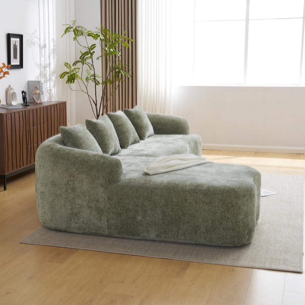 Sectional Sofa l Shape Chenille Green Curved Chaise with Foam and Spring Support