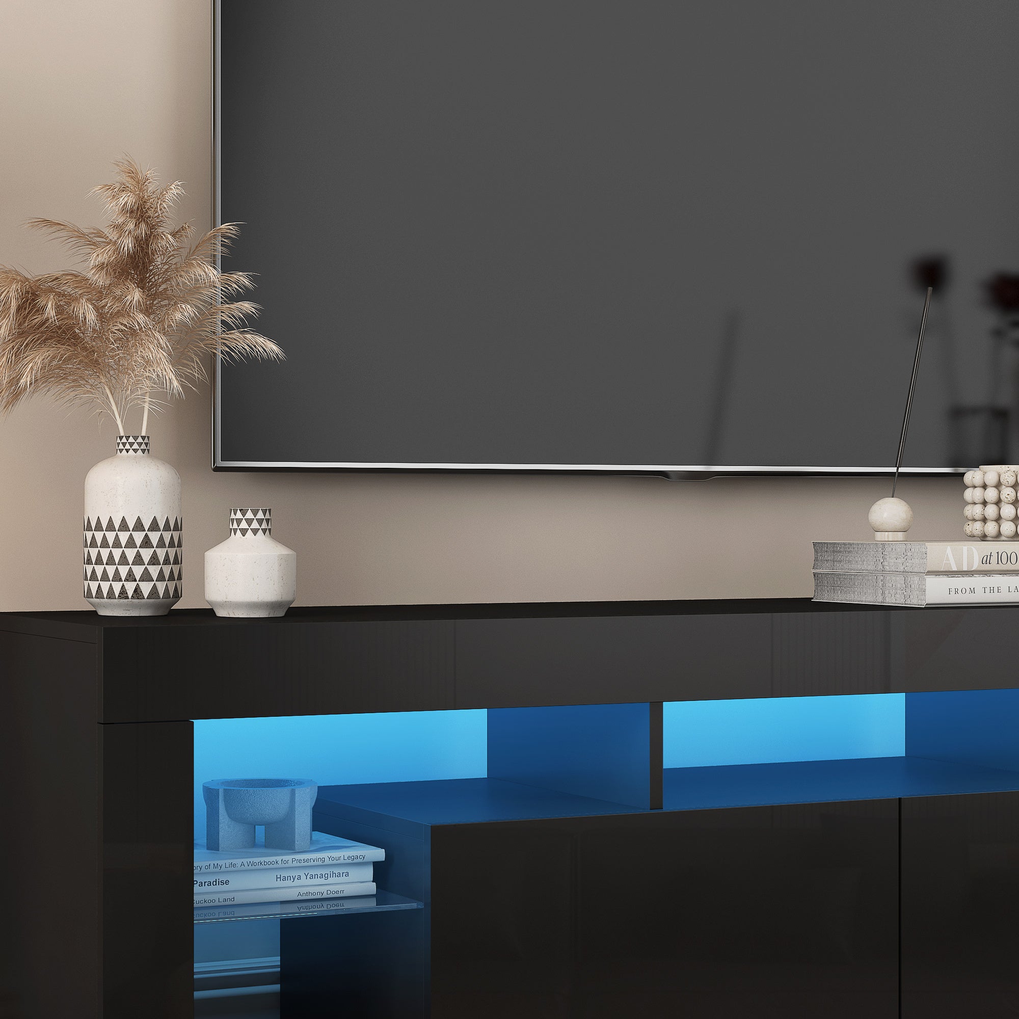 TV Stand High Gloss LED Black MDF Storage Cabinet Fits 65 In TV