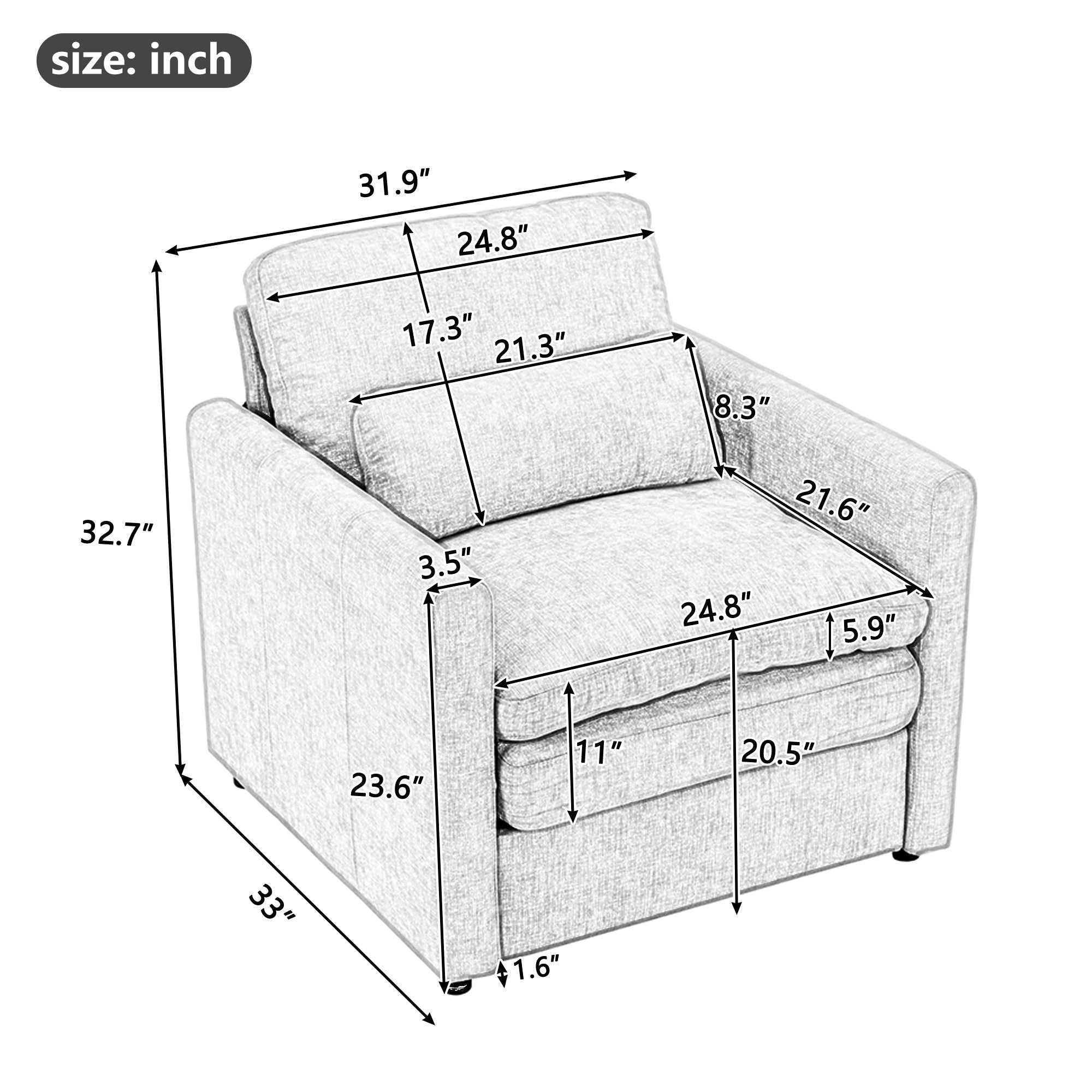31.9' Cozy Upholstered Armchair Oversized Comfy Cloud Sofa Double Cushion Single Sofa Plush Cushion Armchair for Living Room, Light Grey