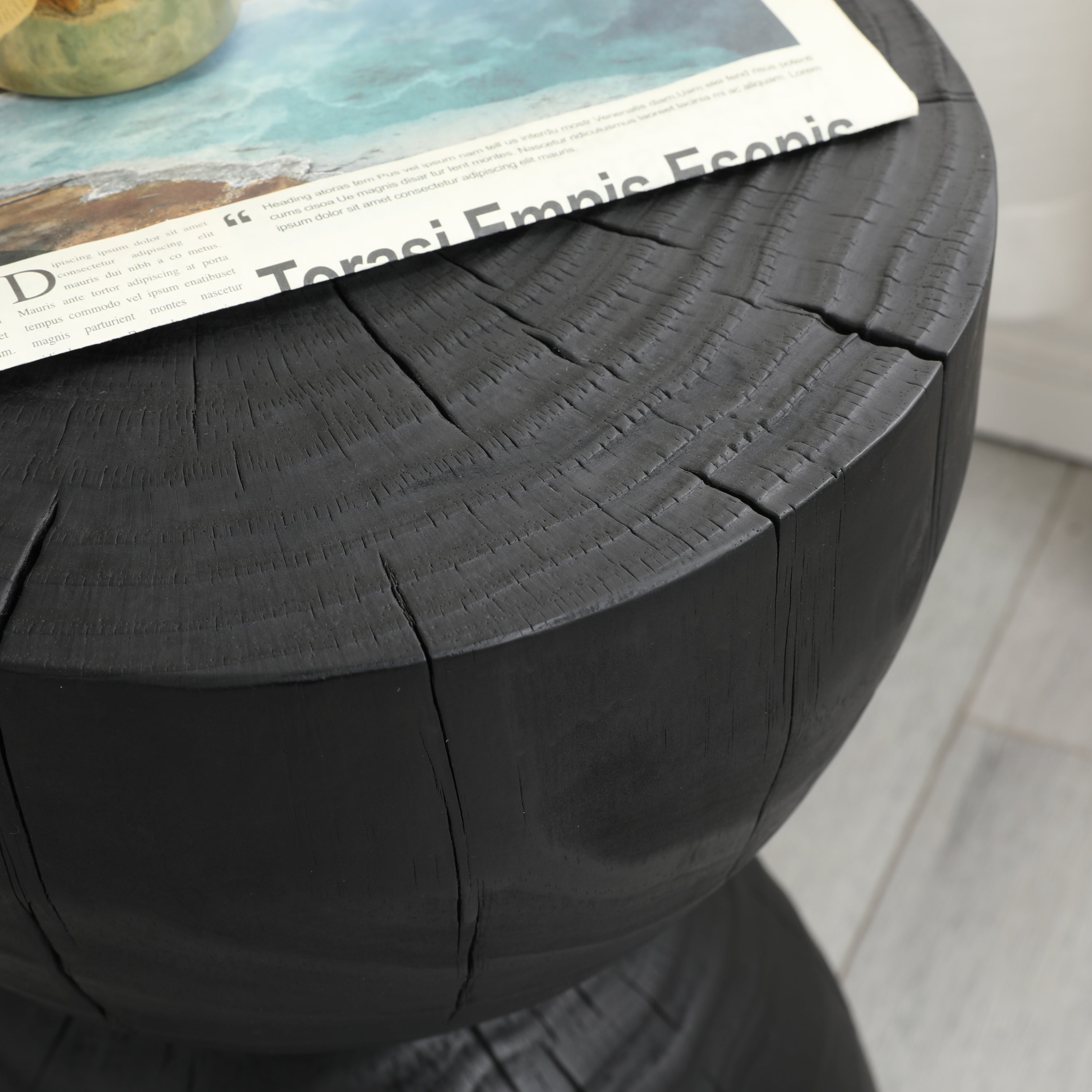 Solid Mango Wood Round Side Table, 12.2x18.11 in, Black, Burnt Vintage Look
