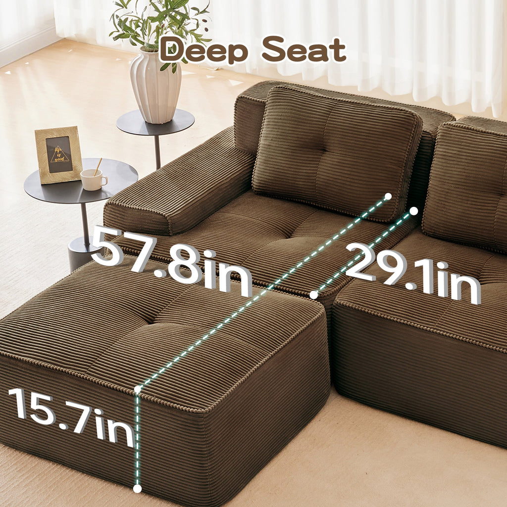 Sectional Sofa L-Shape Corduroy Brown 3 Seat Modular with Ottoman