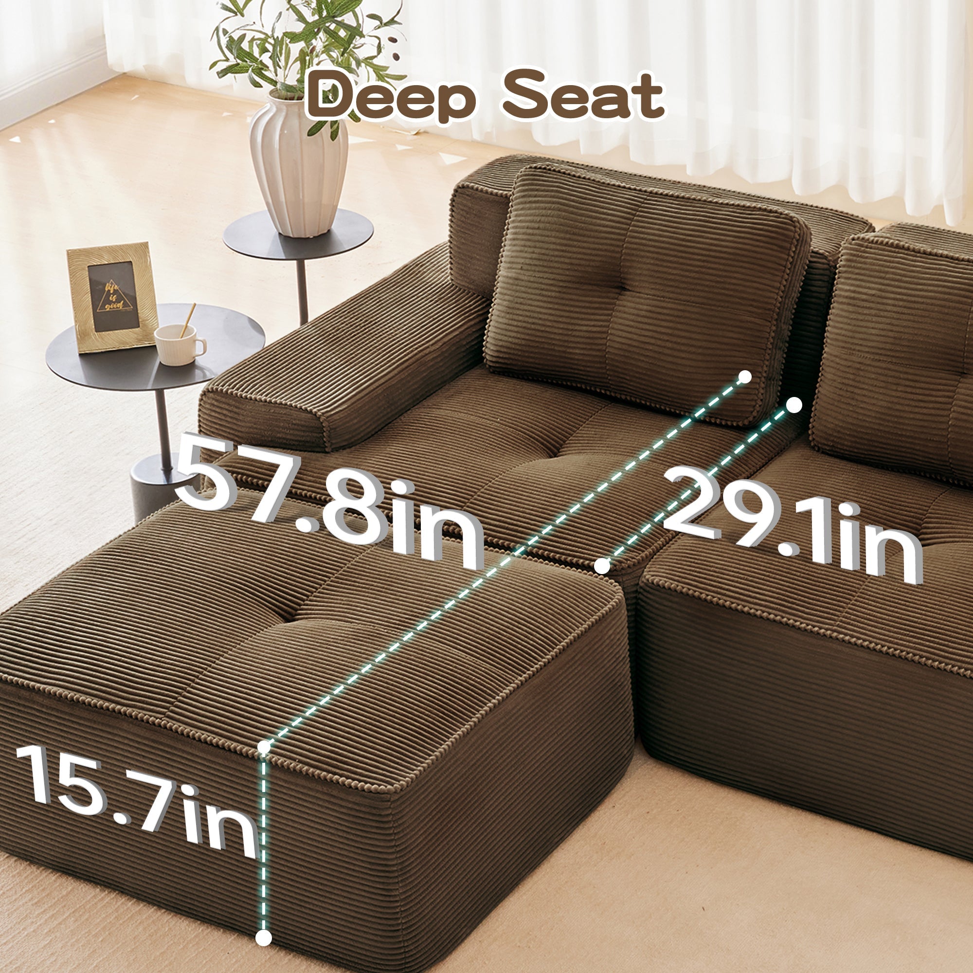 Sectional Sofa L-Shape Corduroy Brown 3 Seat Modular with Ottoman