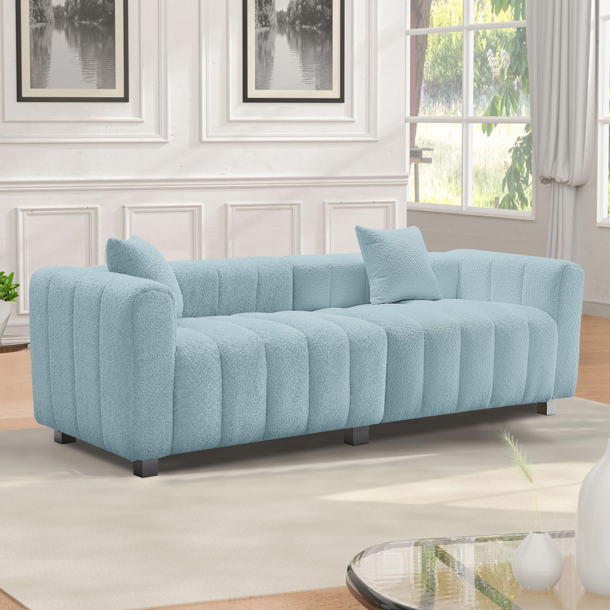 Sofa Modern Velvet Three Seater with Metal Base and Two Pillows