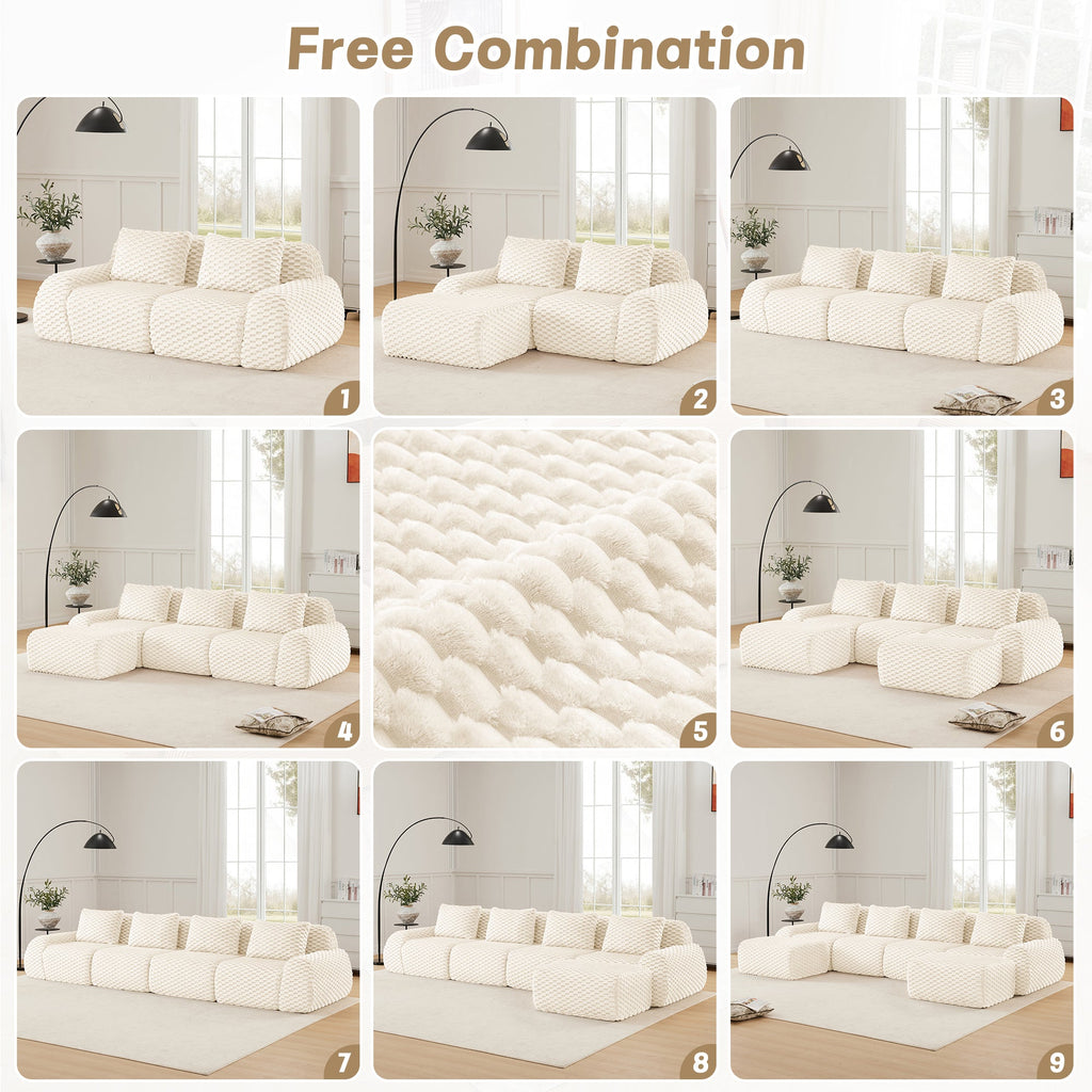 Sectional Sofa Modern Modular Cream Flannelette Deep Seat 82 Inch