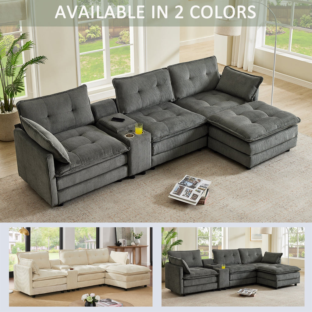 Sectional Sofa L-Shaped Corduroy with Ottoman and USB Ports, 4-seater, Grey