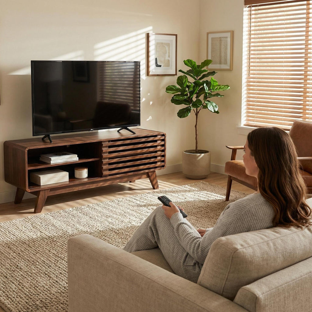 TV Stand Walnut MDF Slatted Sliding Door Fits 50 In TV Cable Management