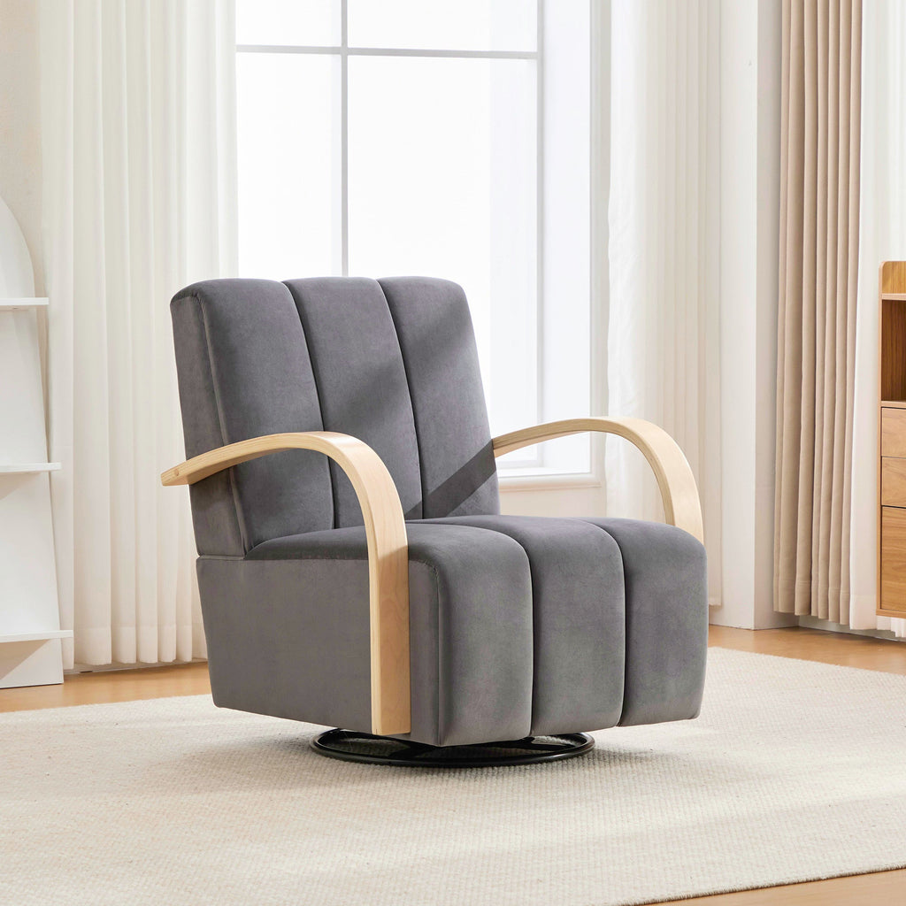 Swivel Accent Chair 360 Degree Velvet Charcoal Channel Tufted Wood Armrests