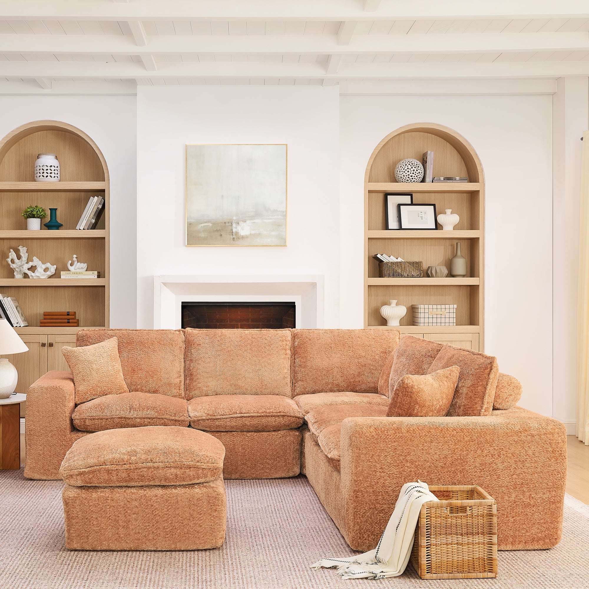 Sectional Sofa Modular Boucle Orange 6 Seat Ottoman 107 In No Assembly