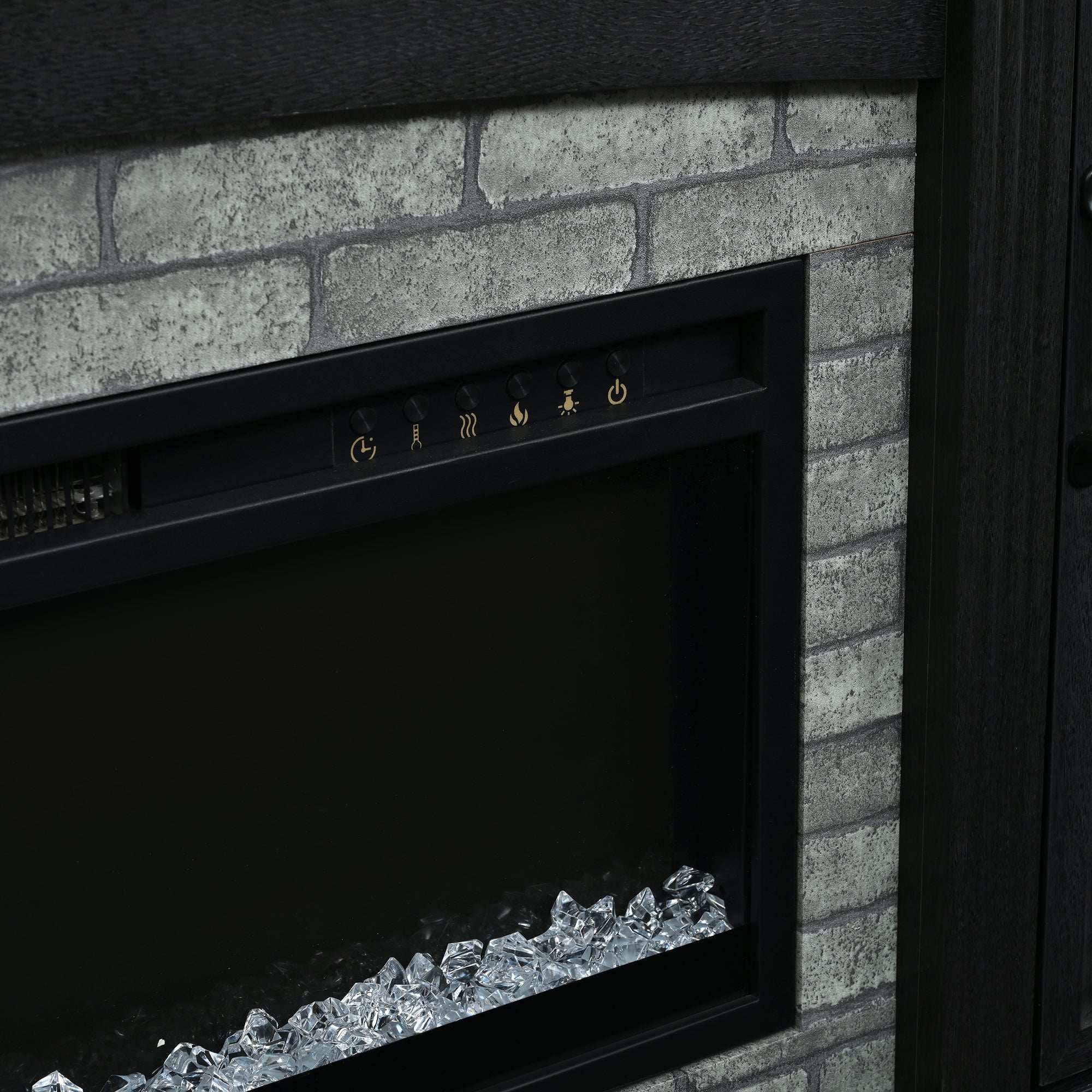 TV Stand Fireplace Black MDF Walnut Top Gray Brick 1400W Fits 70 In TV 66.9 In