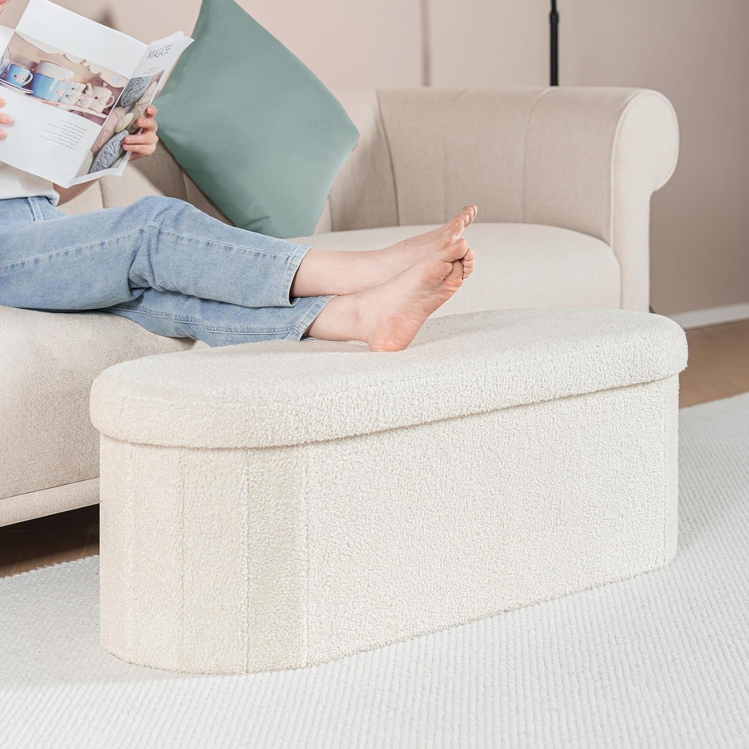 Sherpa Lined Folding Storage Ottoman 43.3 Inch White