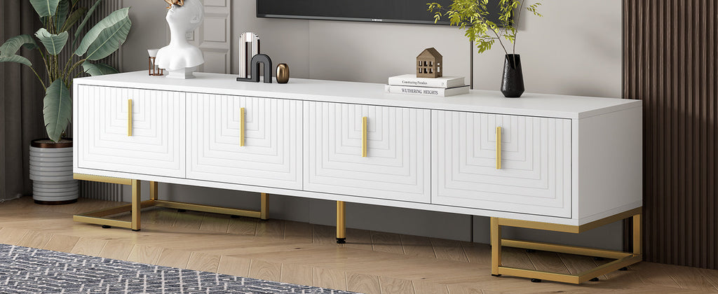 TV Stand Modern White Gold Geometric Door MDF Adjustable Shelves Fits 80 In