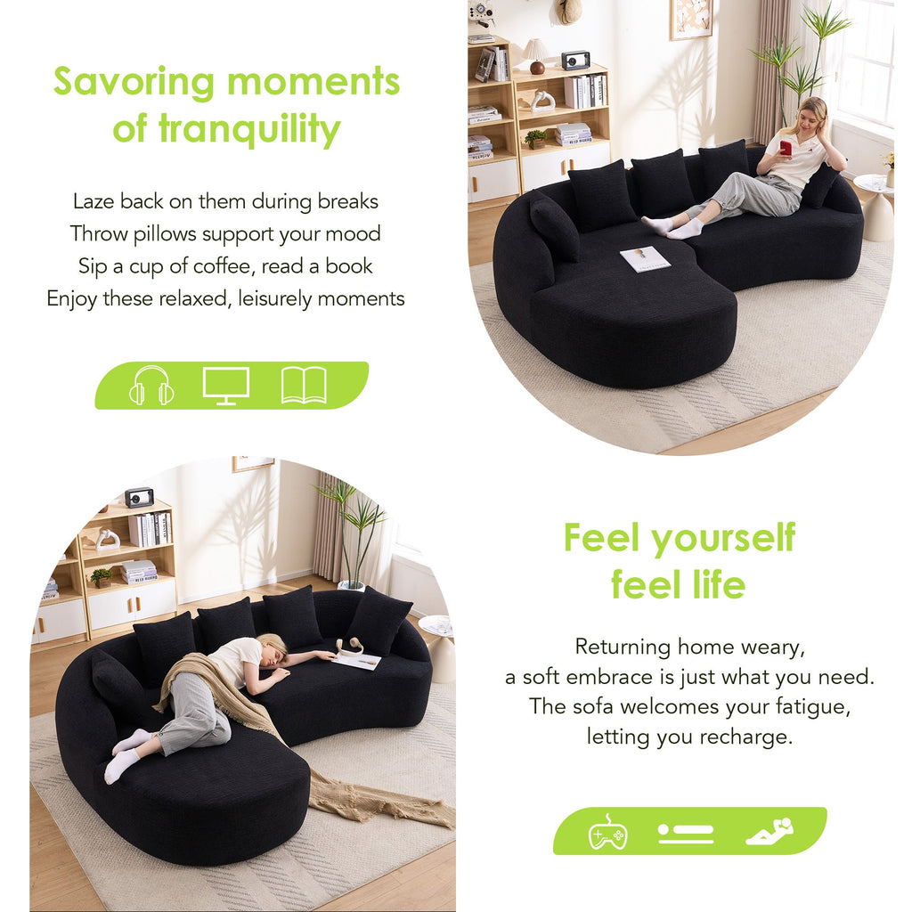 Sectional Sofa l Shaped with Curved Chaise Black Chenille Sleeper