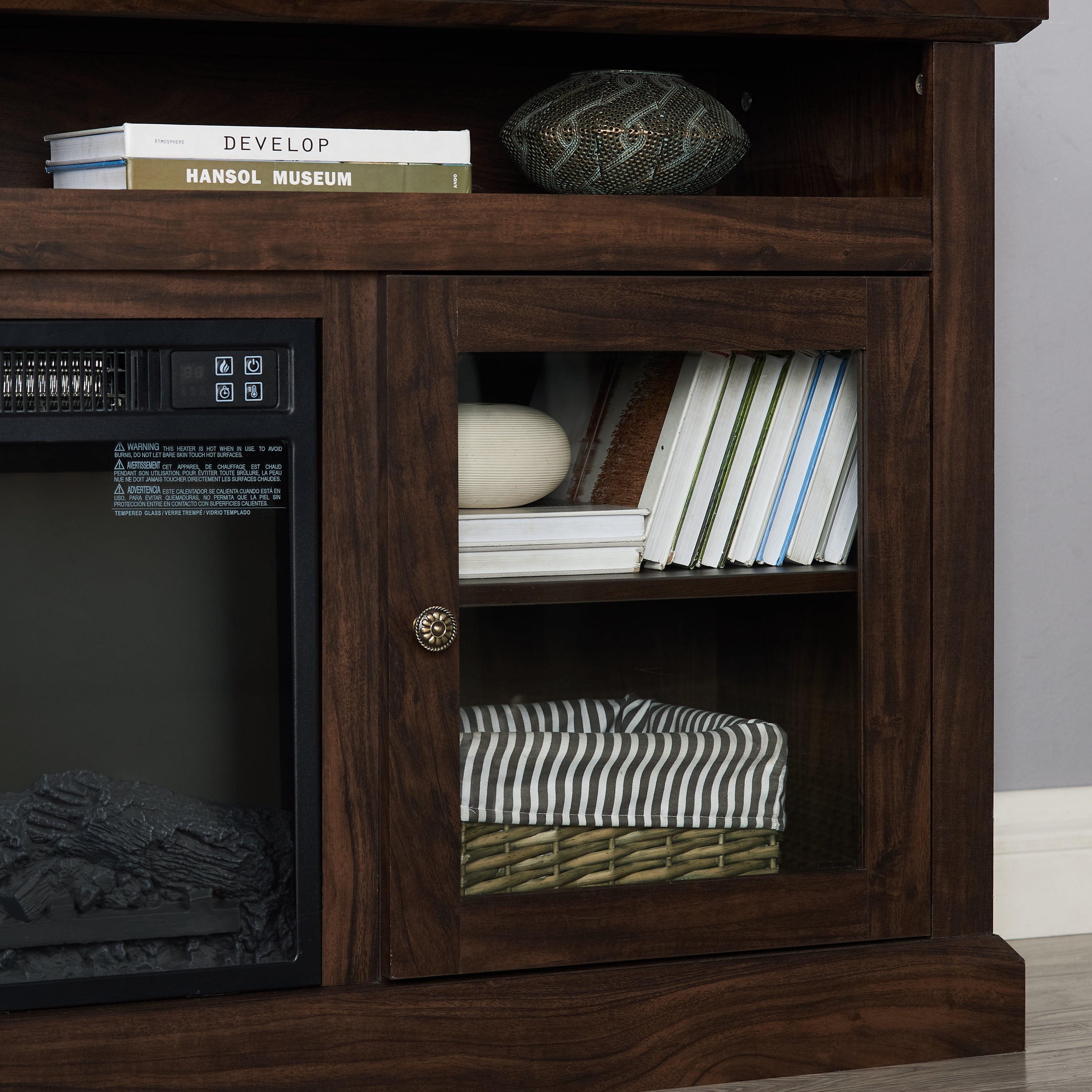 TV Stand Fireplace American Traditional Brown MDF 1400W Fits 65 In TV 60 In