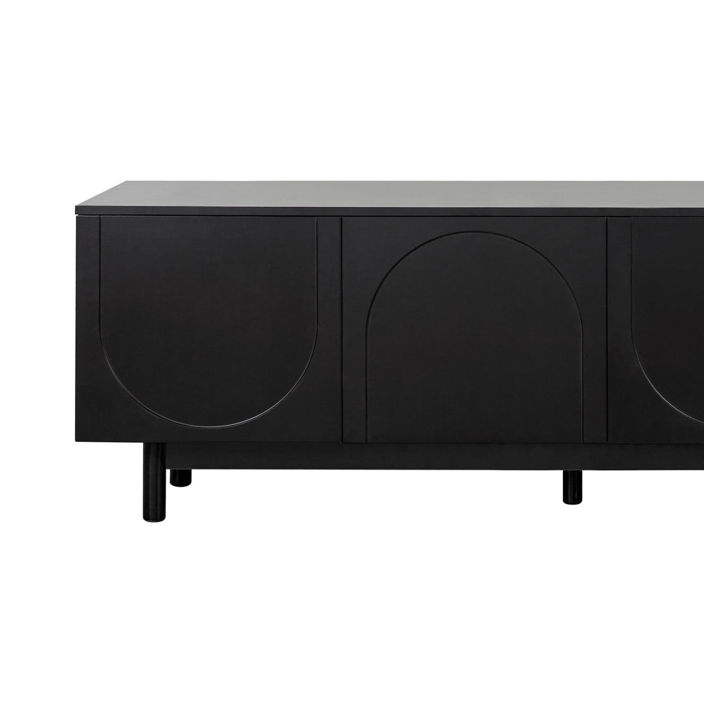 TV Stand Minimalist Black Particle Board Arch Doors Wood Legs Fits 78 In TV
