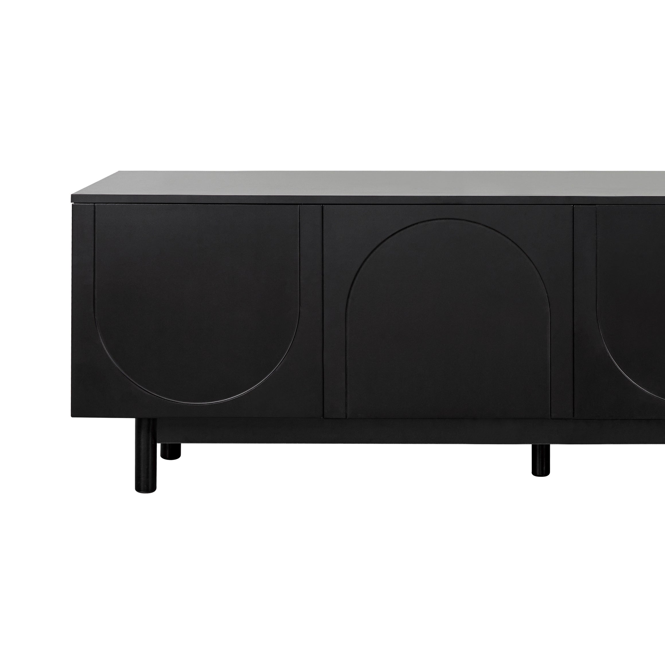 TV Stand Minimalist Black Particle Board Arch Doors Wood Legs Fits 78 In TV