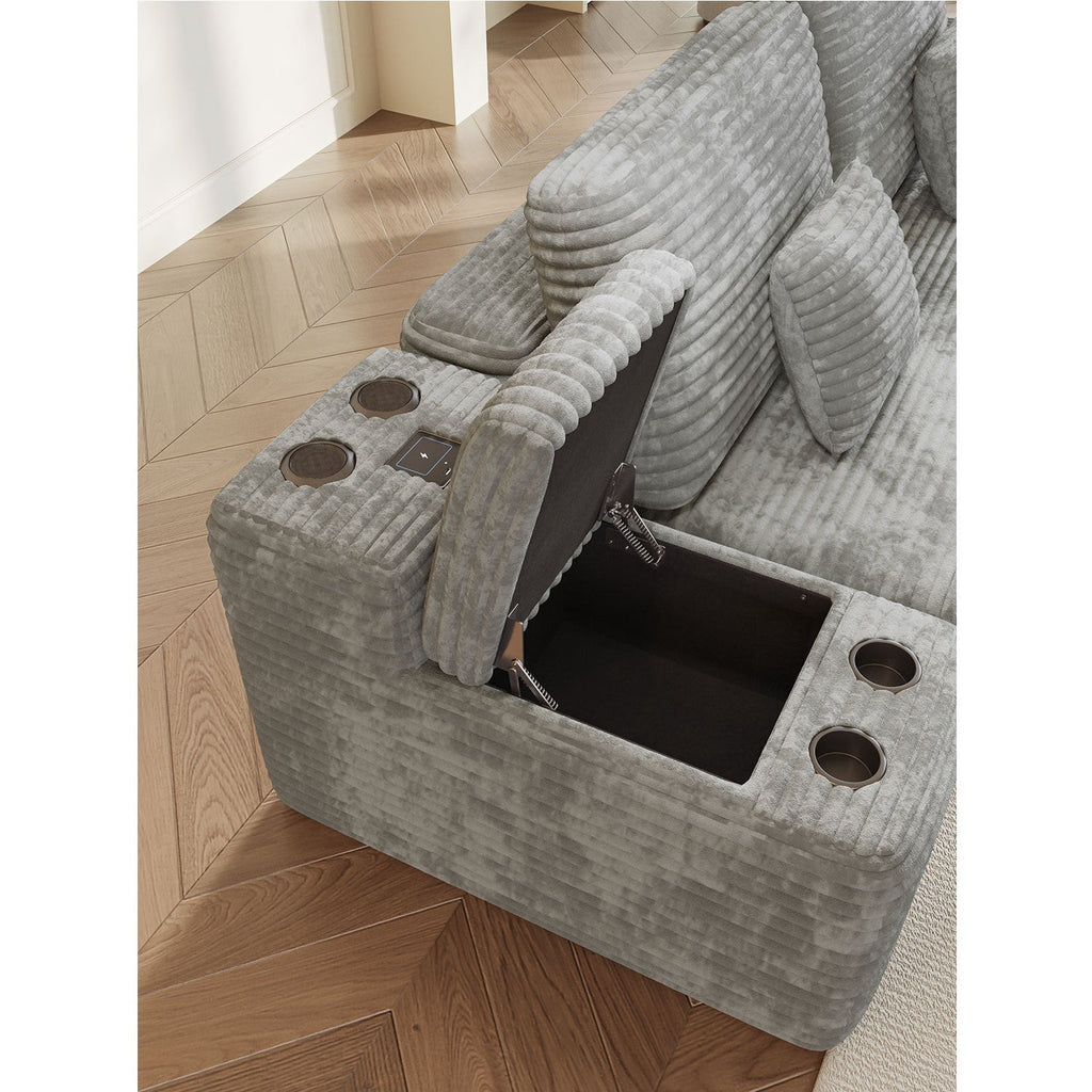 Sectional Sofa U-Shape Corduroy Light Gray 6 Seat USB Bluetooth 150 In